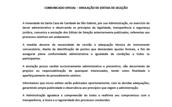 Comunicado Oficial – Anulação de Editais de Seleção Comunicado Oficial – Anulação de Editais de Seleção